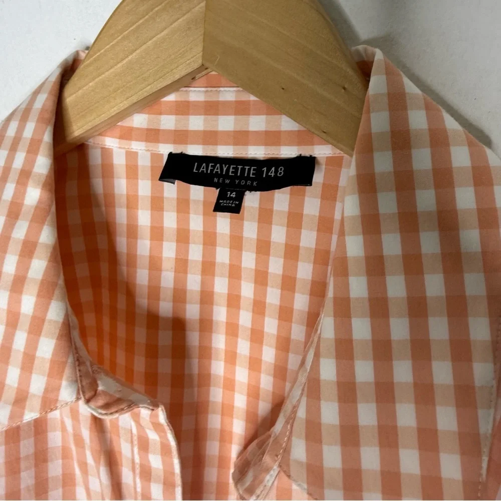 Lafayette 148 New York Gingham Button-Up Blouse Size 14 Peach White - Picture 2 of 6